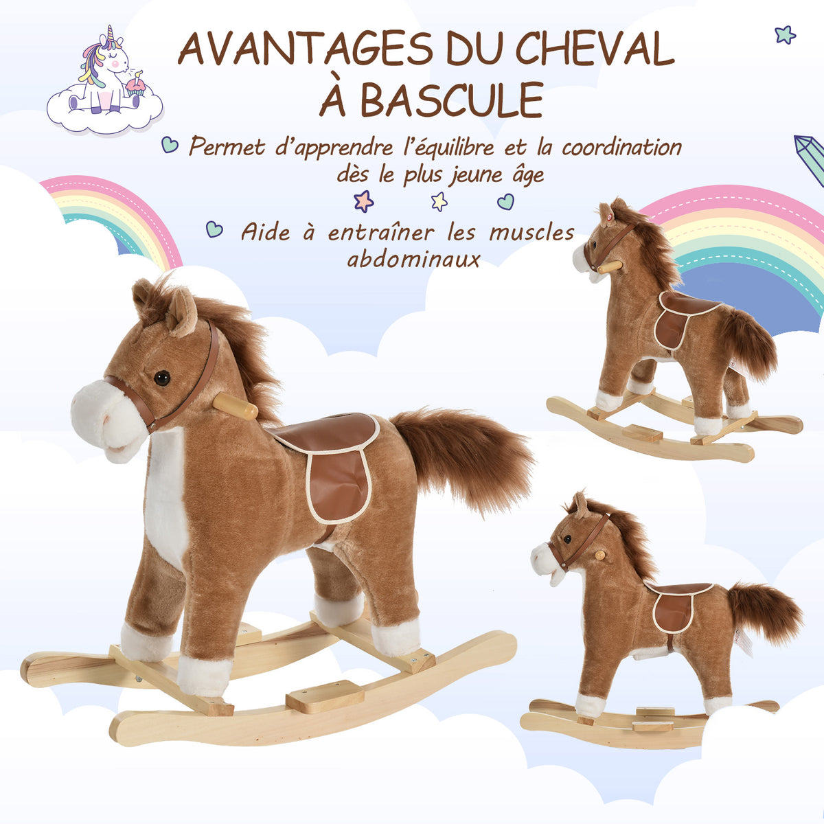 Cheval à Bascule Selle Grand Confort Peluche Courte Douce Bois peuplier Brun dim. 65L x 32,5l x 61H cm-5