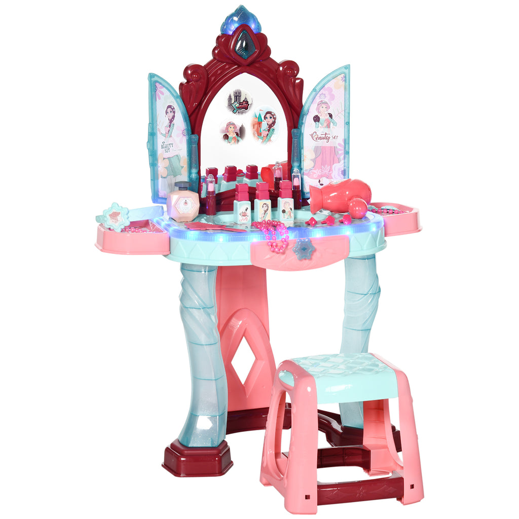 Coiffeuse Enfant Fille avec Miroir Magique, Musique, Plateaux, Tiroir et Accessoires, 3-6 Ans, 57x34x76cm, Multicolore-0