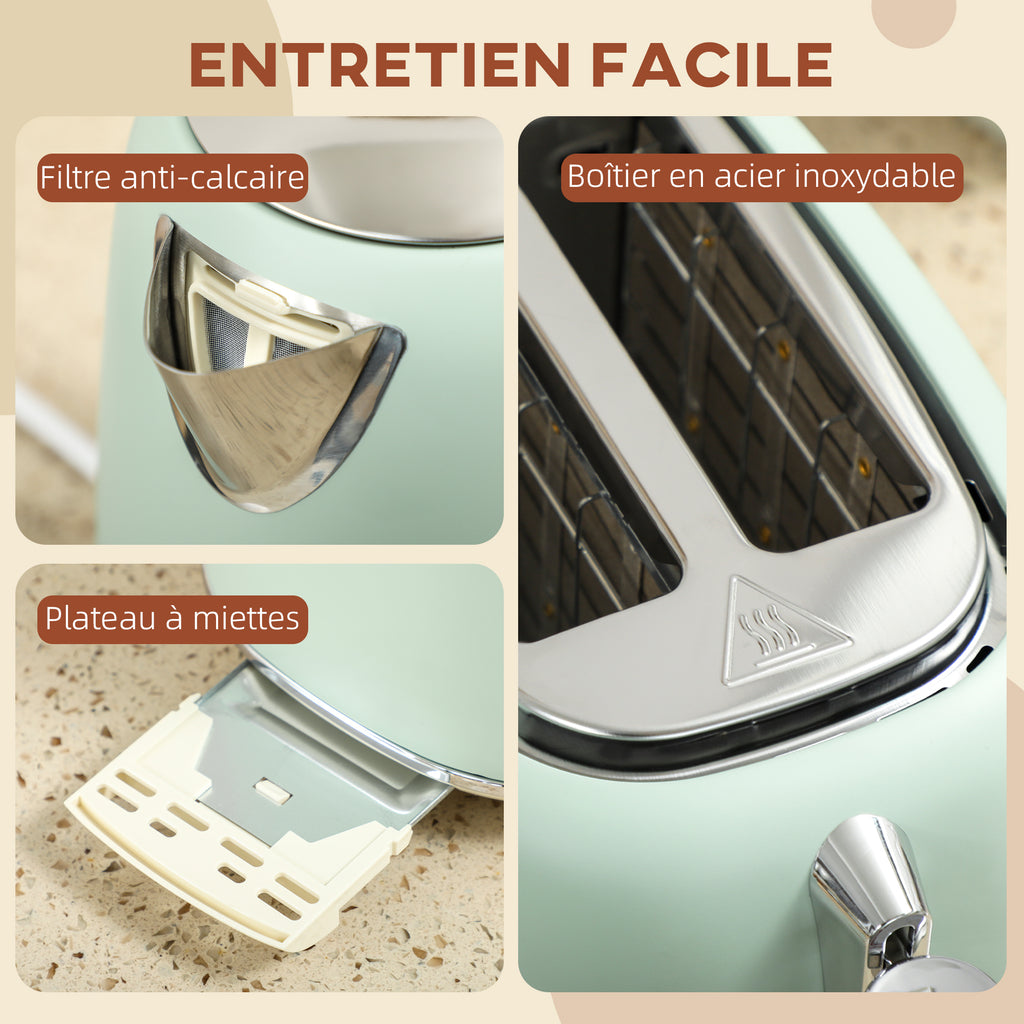 Ensemble bouilloire et grille-pain, bouilloire en acier inoxydable 1,7 L et 2200 W et grille-pain à 2 tranches, vert-6
