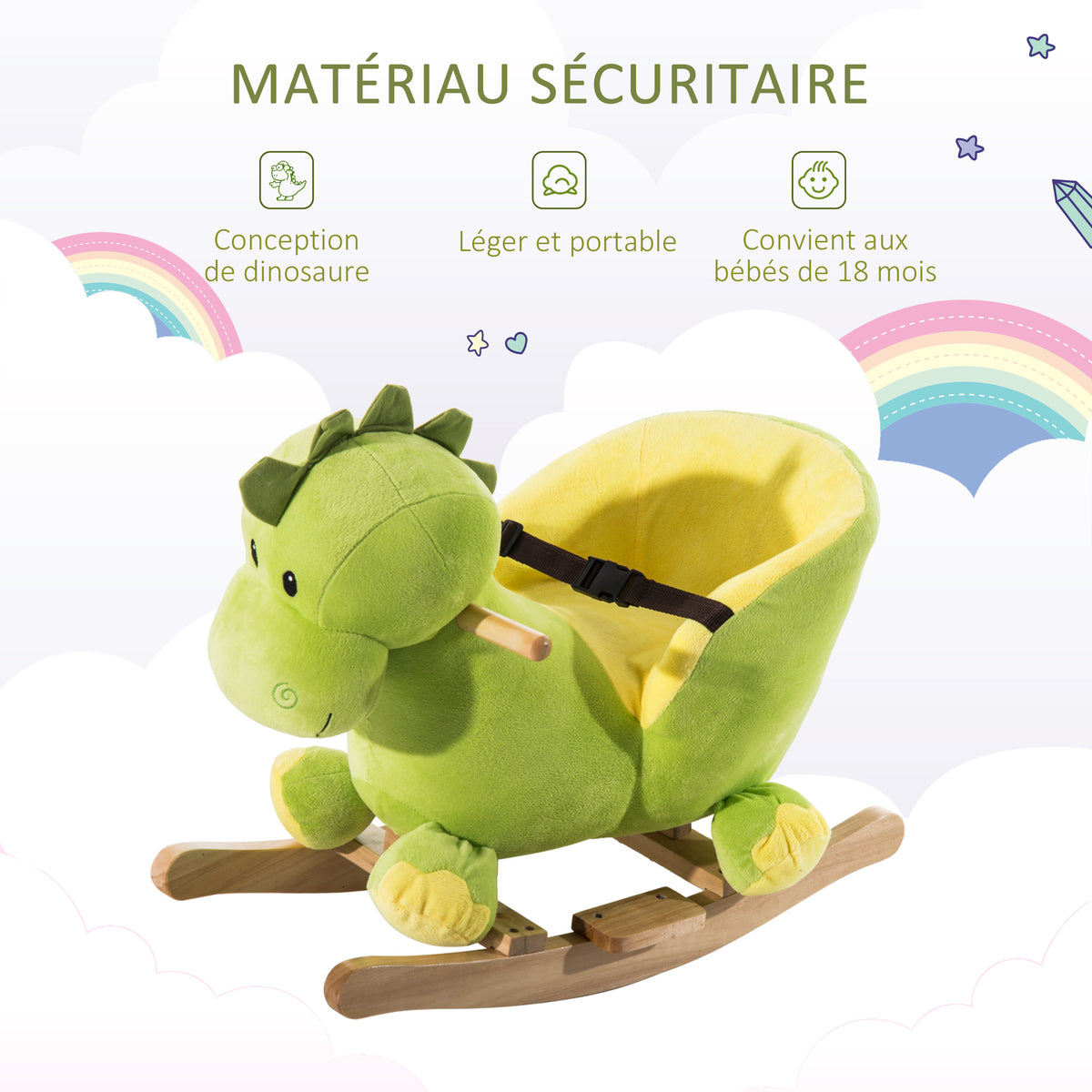 Jouet à Bascule Dinosaure Ceinture de sécurité Effet sonore 32 chansons pour enfants de 18+ Mois Bois Peluche Verte-5