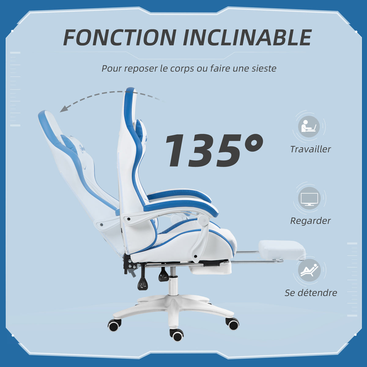 Chaise gaming fauteuil gaming ergonomique avec dossier inclinable à 135° et soutien lombaire, 65 x 65 x 121-129 cm blanc-4