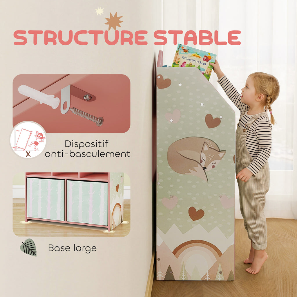 Meuble rangement enfant, bibliothèque enfants avec étagères ouvertes et 2 tiroirs en tissu, MDF, rose-5