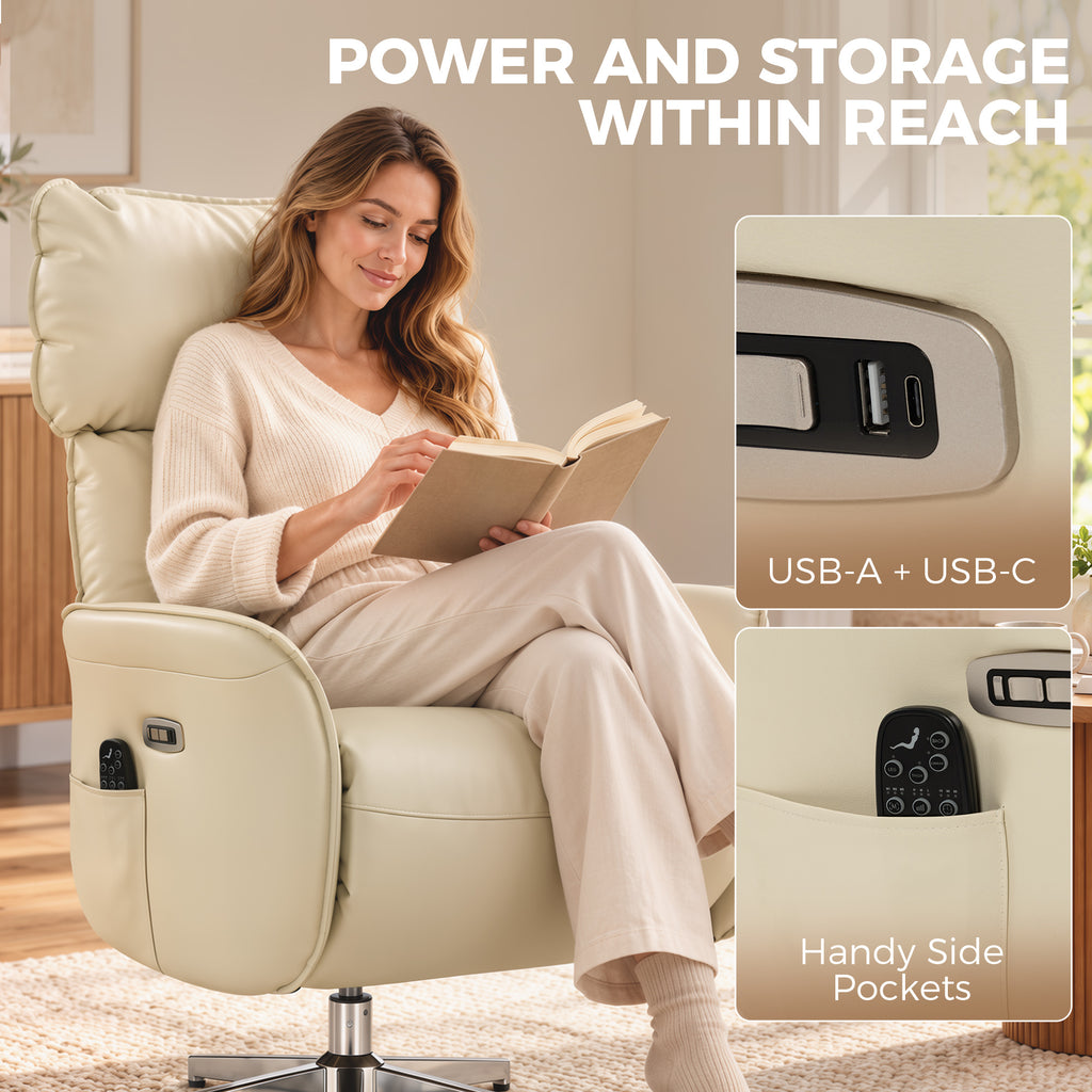 Fauteuil Relax Électrique Pivotant Massant et Chauffant Fauteuil Inclinable en PU Hauteur Réglable Double Moteur Crème-7