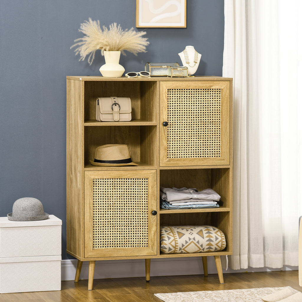 Buffet meuble de rangement armoire haut aspect bois et cannage design 2 portes - dim. 90L x 32,5l x 120H cm-9