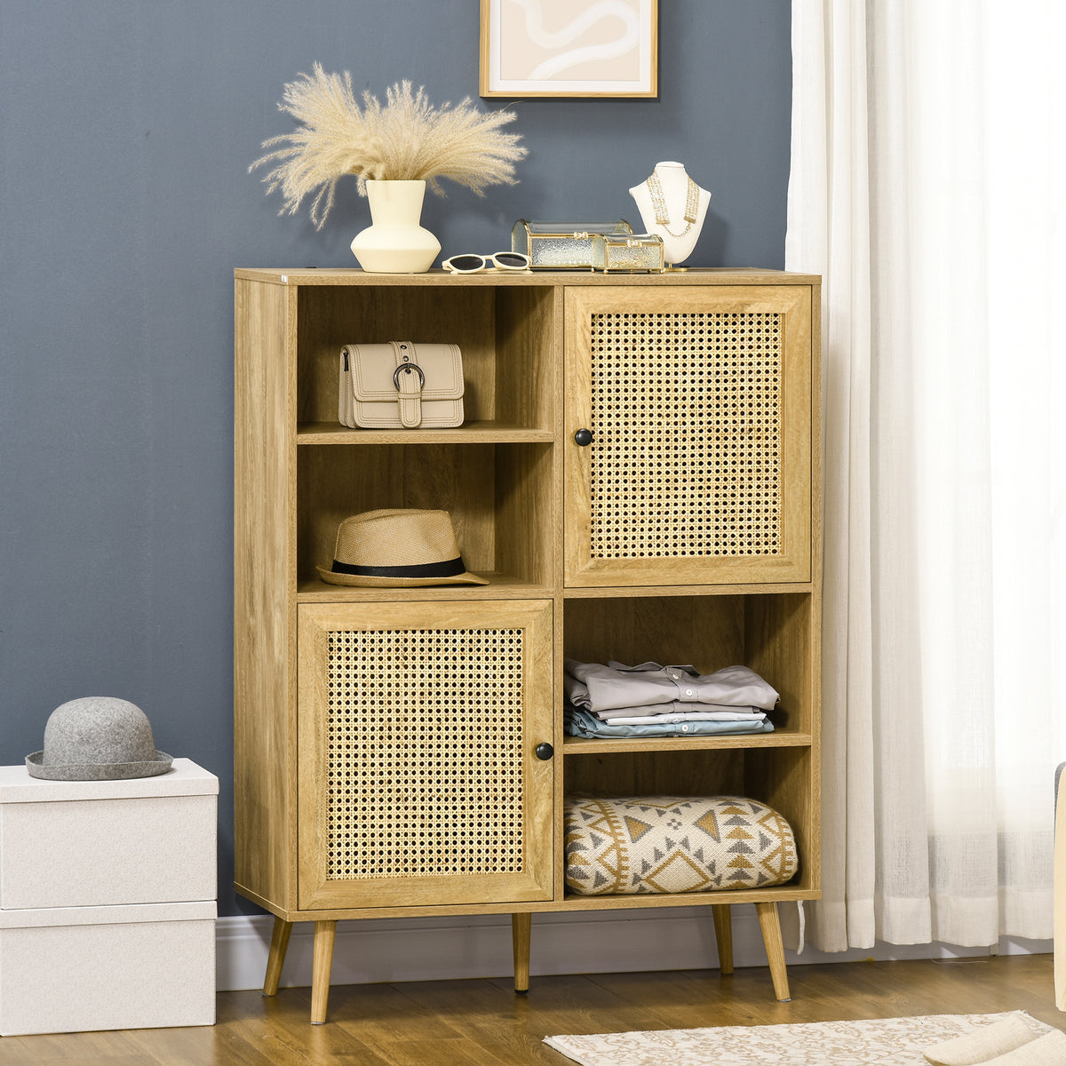 Buffet meuble de rangement armoire haut aspect bois et cannage design 2 portes - dim. 90L x 32,5l x 120H cm-9