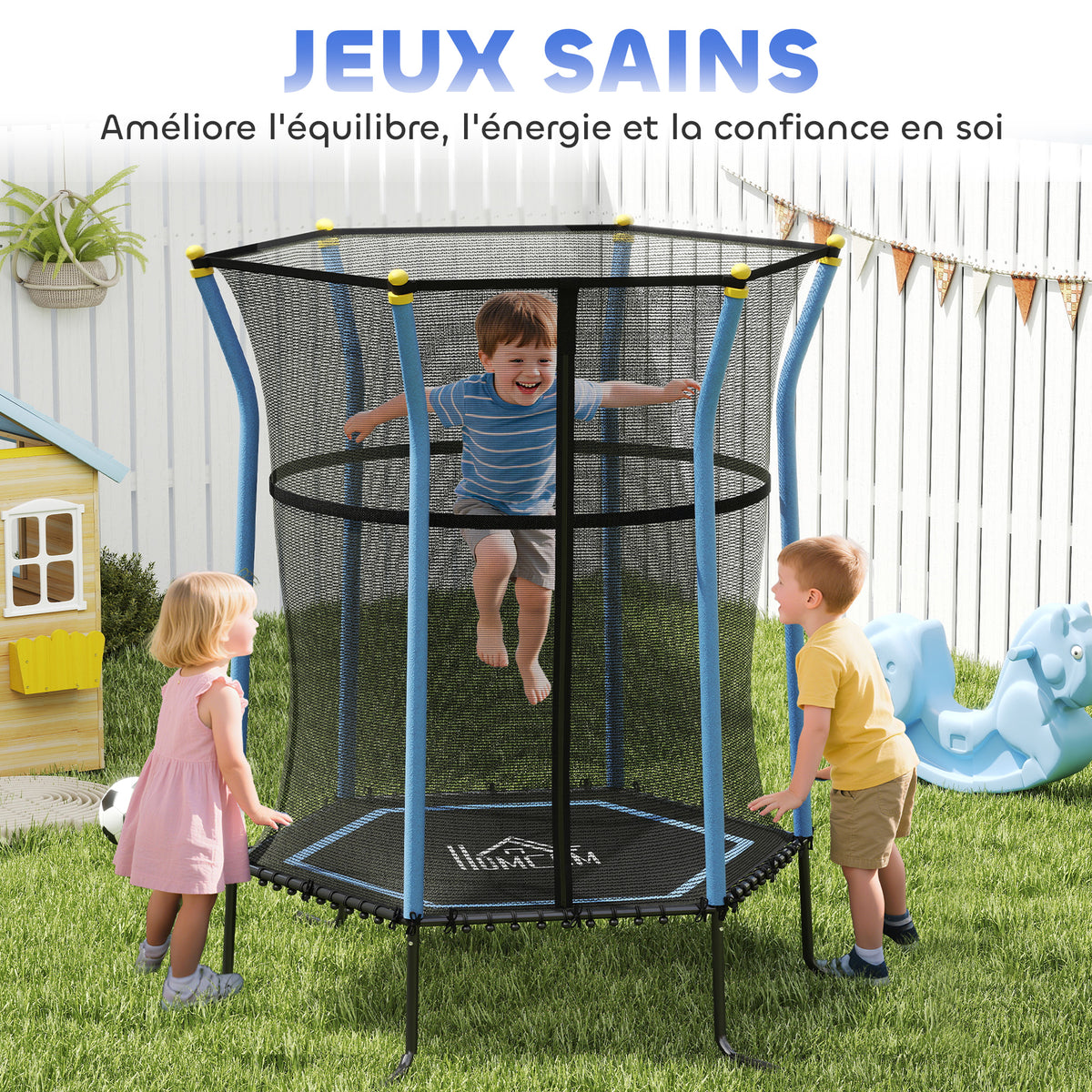 Trampoline pour enfant 1,22 x 1,11 x 1,9 m filet de sécurité porte zippée 6 poteaux rembourrés inclus bleu noir-7
