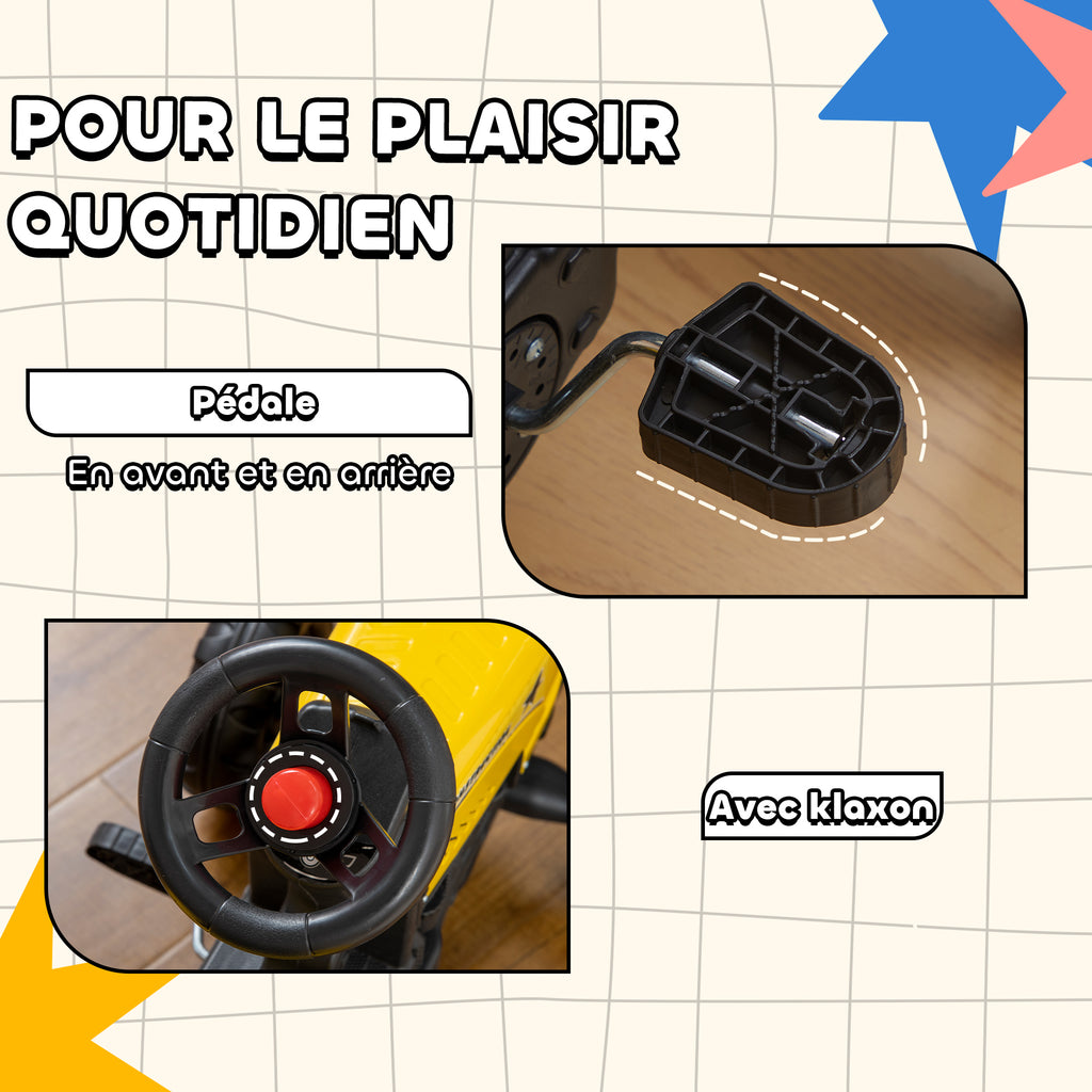 Porteur tracteur enfants avec remorque, râteau et pelle, tracteur à pédales 6 roues, charge 35 kg, pour 3+ ans, jaune-5