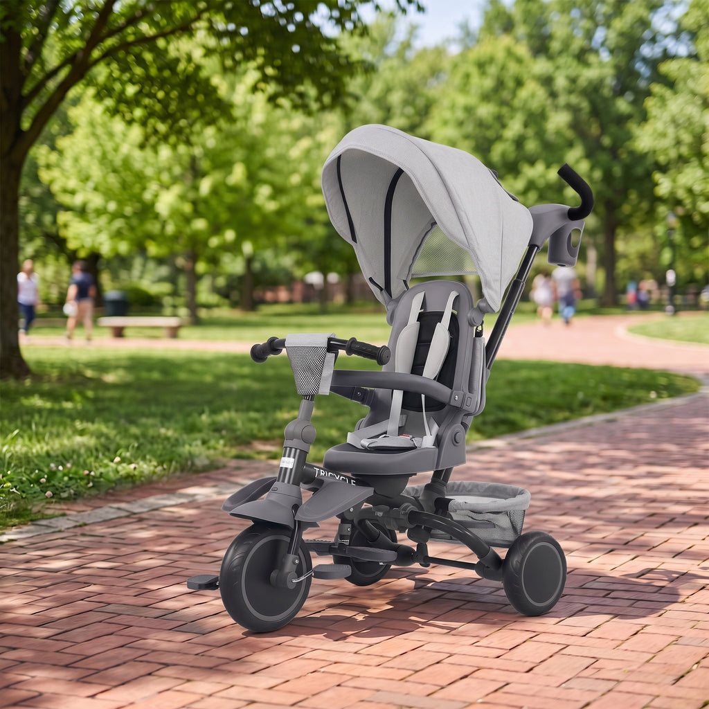 Tricycle bébé évolutif 6 en 1, tricycle enfant pliable avec poignée parentale réglable, siège pivotant 360°, gris-9
