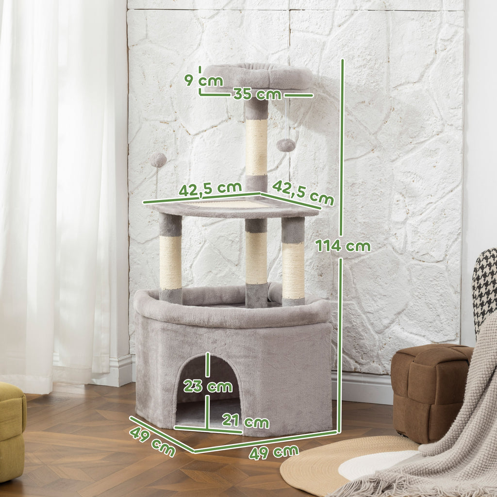 Arbre à chat tour de jeux pour chats griffoirs sisal, plate-forme, niche, tissu peluche, balles, 49x49x114cm gris clair-2