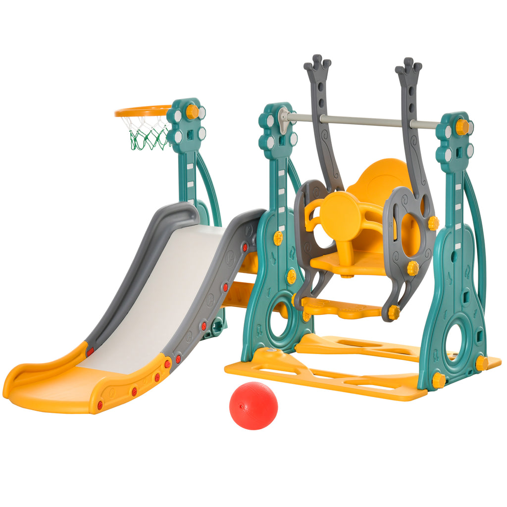 Toboggan et balançoire pour enfants 4 en 1 avec panier de basket, siège réglable, 152x149x107cm, bleu et jaune-0