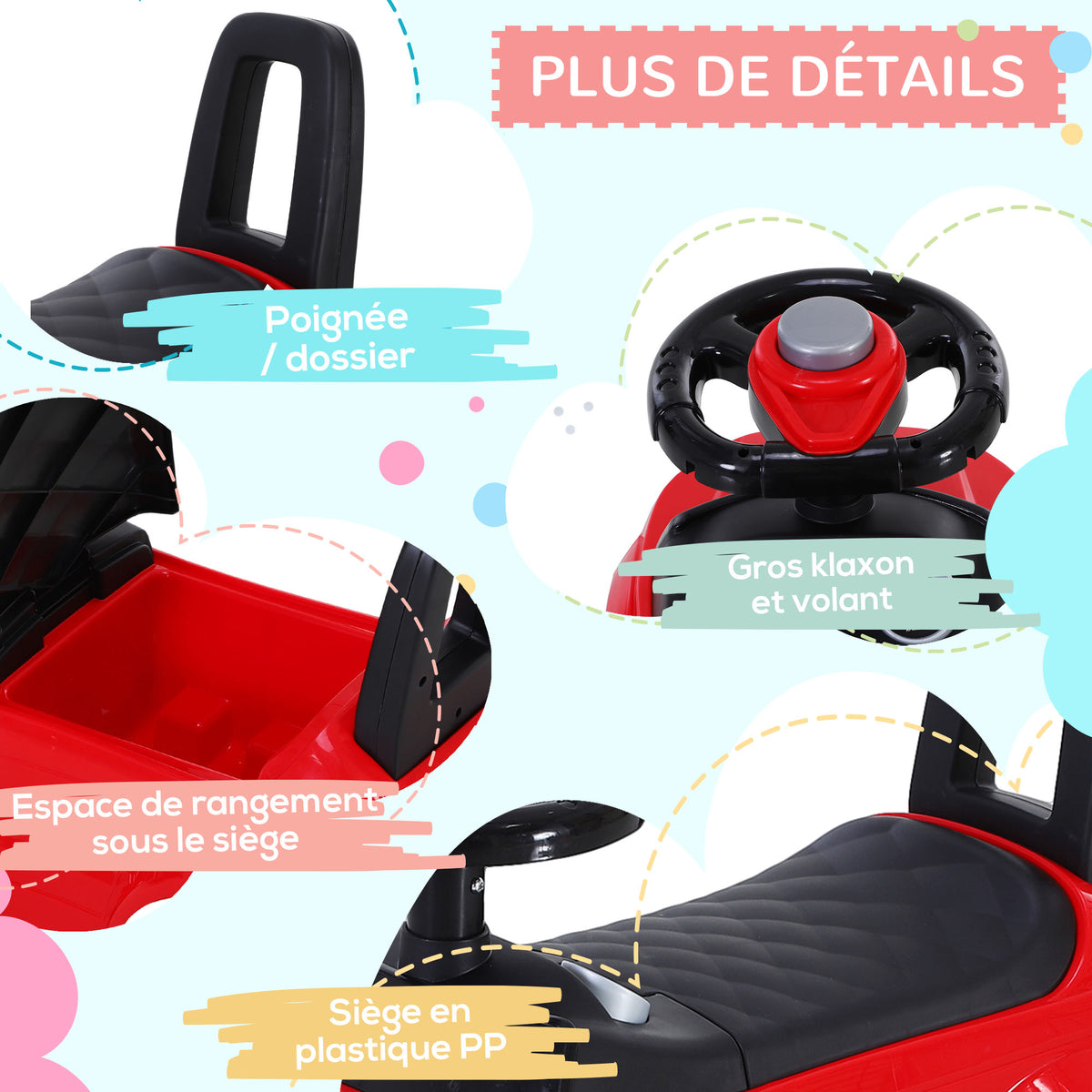 Porteur Enfant Véhicule à Pousser, Porteur Bébé avec Klaxon, Compteurs Factices et Coffre à Jouets, pour Enfants de 12 à 36 Mois, Rouge-3