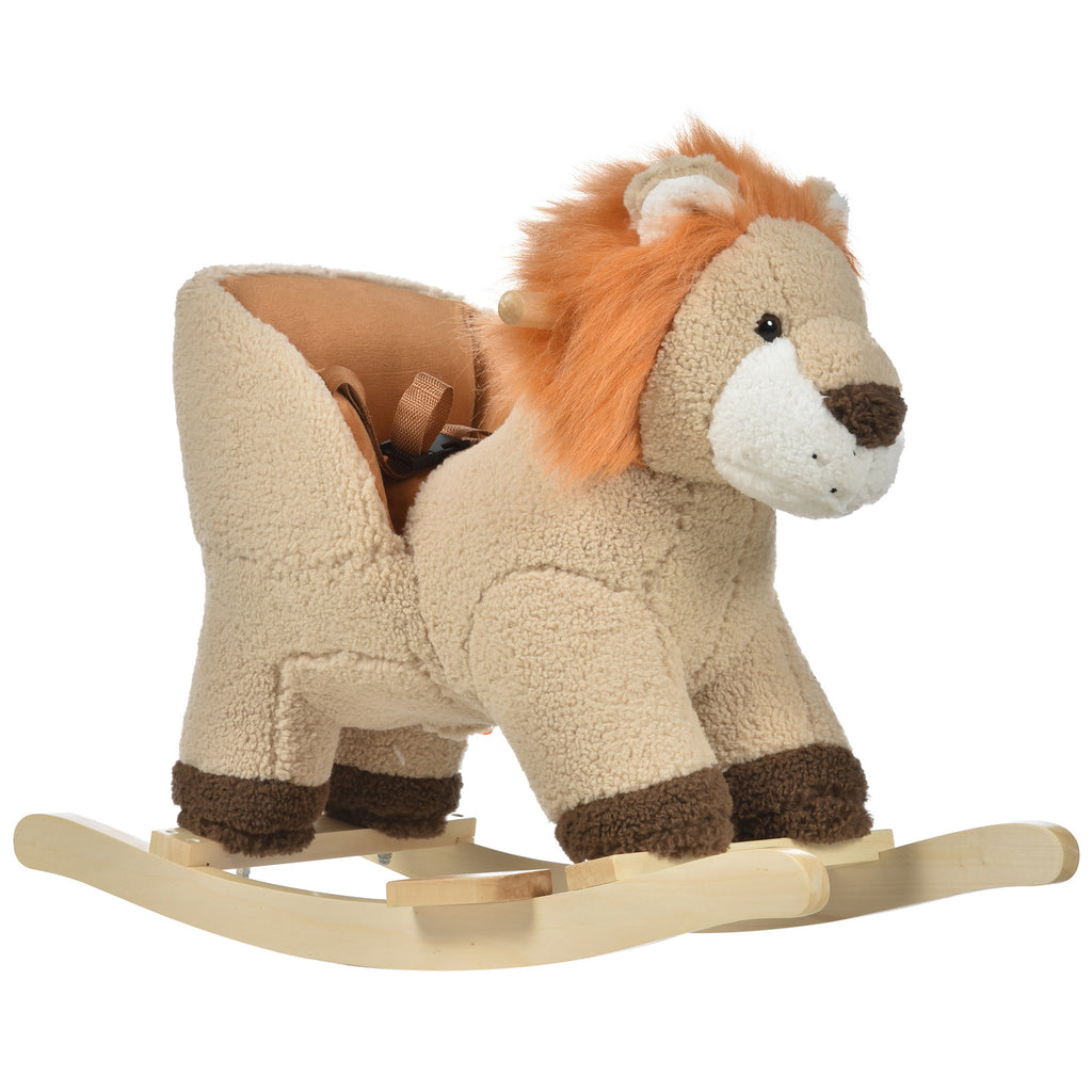Cheval à Bascule modèle Lion Fonction Musicale Selle Grand Confort Peluche Courte Douce Pour Enfants 18-36 Mois Bois peuplier Marron dim. 68L x 35l x 50H cm-0