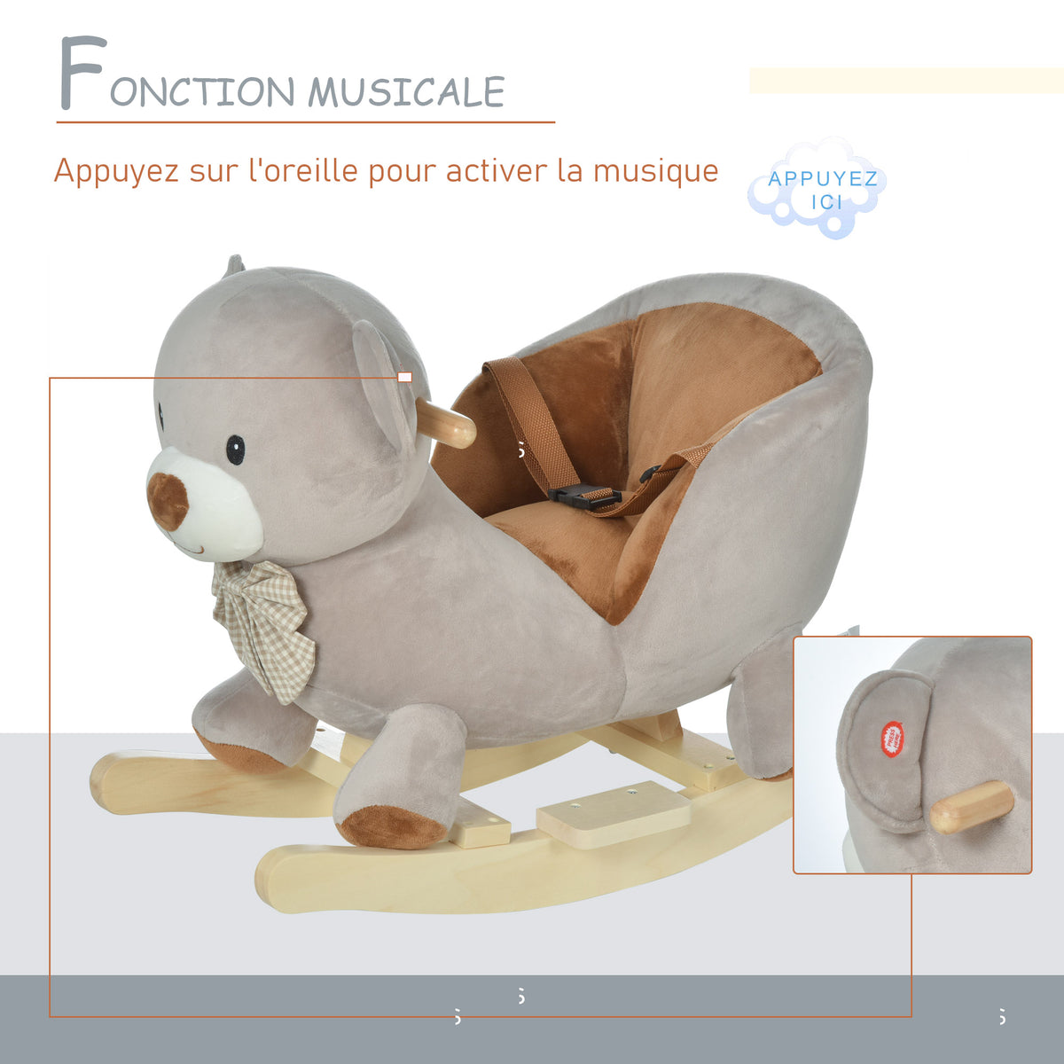 Cheval à Bascule Jouet à Bascule Ourson pour Enfants de 18-36 Mois Fauteuil intégré Ceinture de sécurité Fonction sonore grognement Gris Marron-6