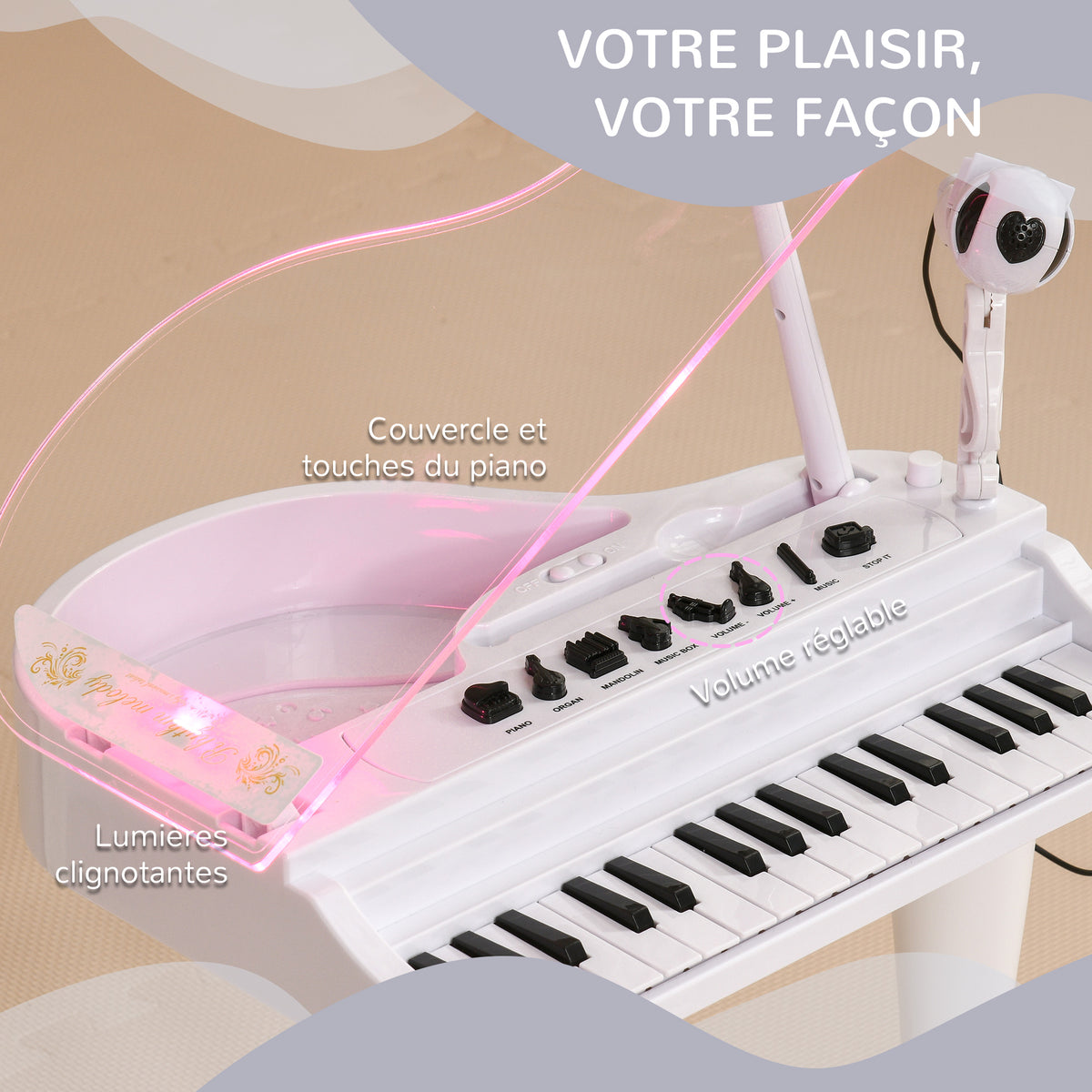 Piano enfant électronique 32 touches multifonctions avec micro haut parleur tabouret couvercle lumineux LED blanc-4
