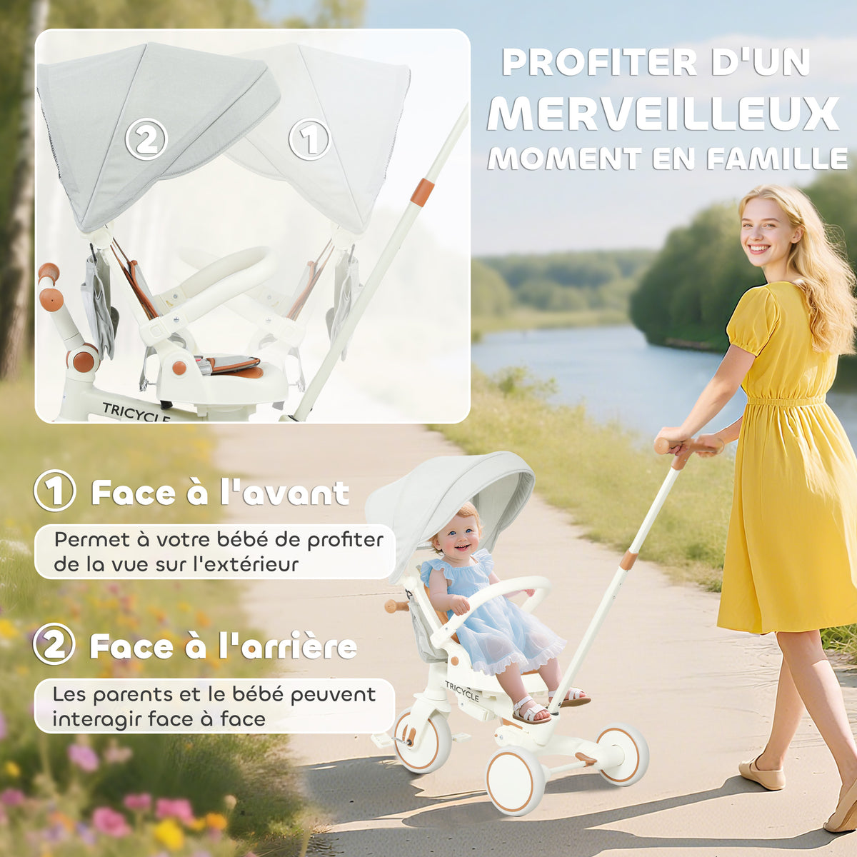 Tricycle bébé évolutif 5 en 1, tricycle enfant pliable avec poignée réglable, capote amovible, pour 1-3 ans, crème-5