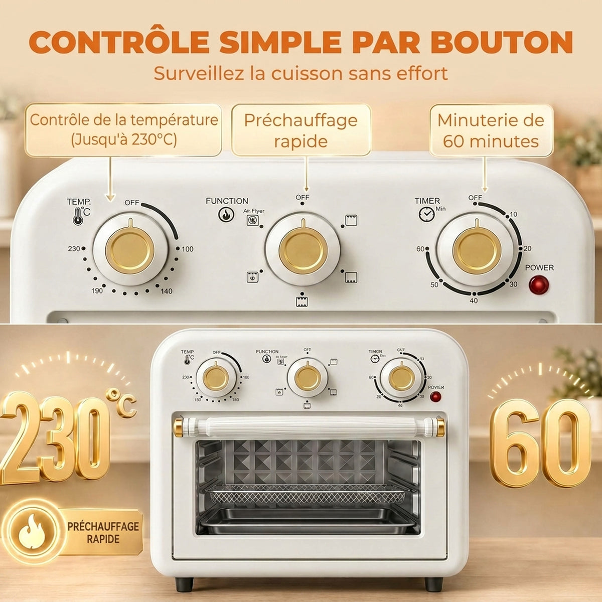 Four Friteuse à Air Chaud 12L, Four à Air Chaud Convection 1200 W avec Plaque de Cuisson, Panier de Friture, Crème-5