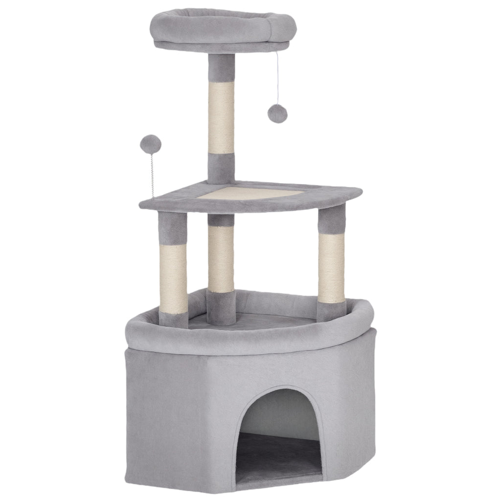 Arbre à chat tour de jeux pour chats griffoirs sisal, plate-forme, niche, tissu peluche, balles, 49x49x114cm gris clair-0