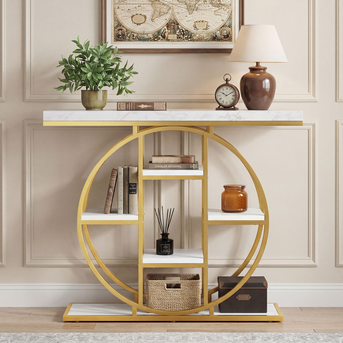Table Console d'Entrée Meuble d'Entrée Industrielle 6 Étagères Rangement Plateau 4cm 100 x 30 x 81,5cm Blanc-8