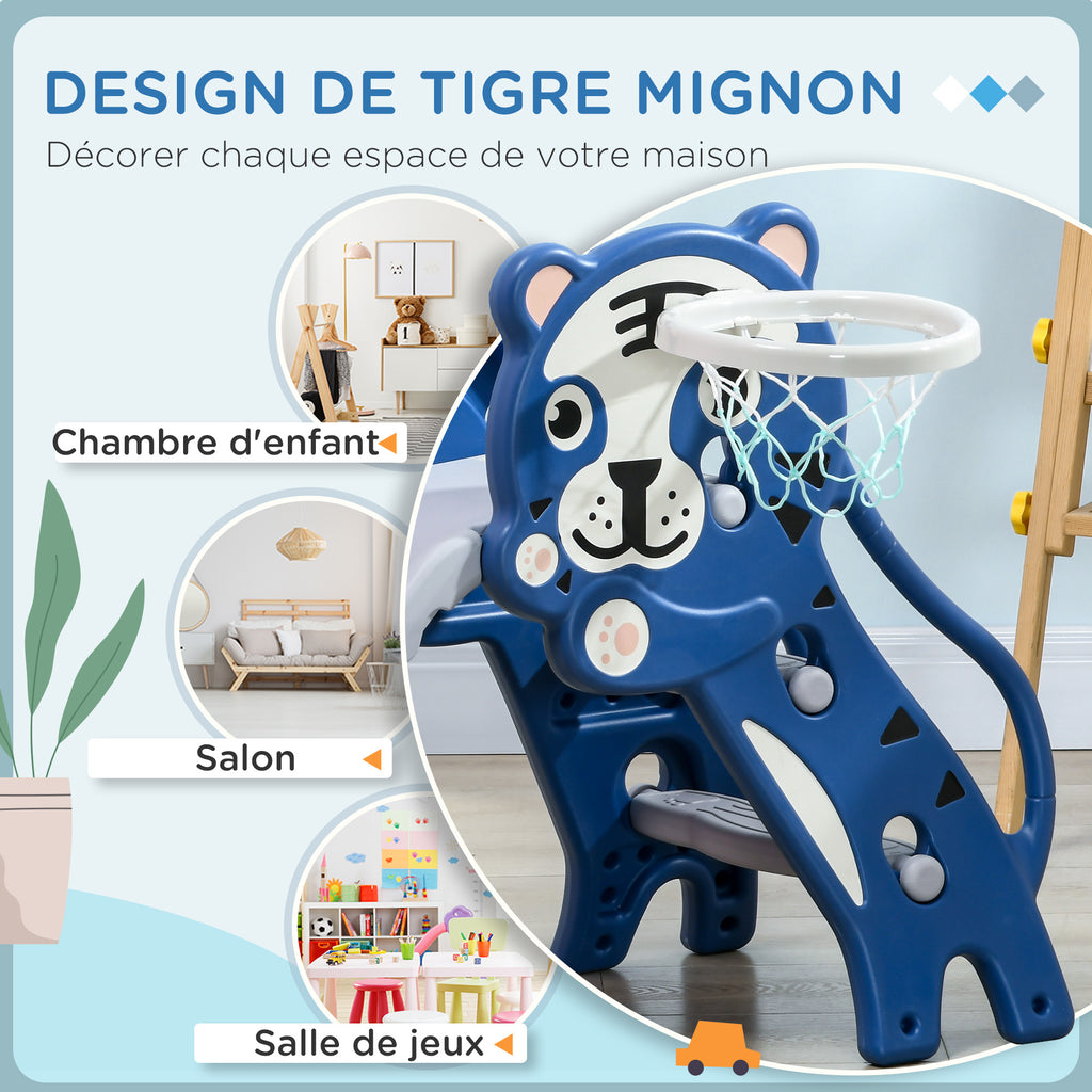 Toboggan pour enfants, toboggan intérieur pour enfants, avec panier de basket, thème tigre, de 18 à 36 mois, bleu-4