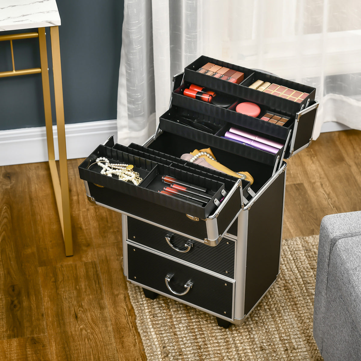 Valise trolley maquillage mallette cosmétique vanity poignée télescopique réglable 36L x 23l x 58H cm alu ABS noir-6