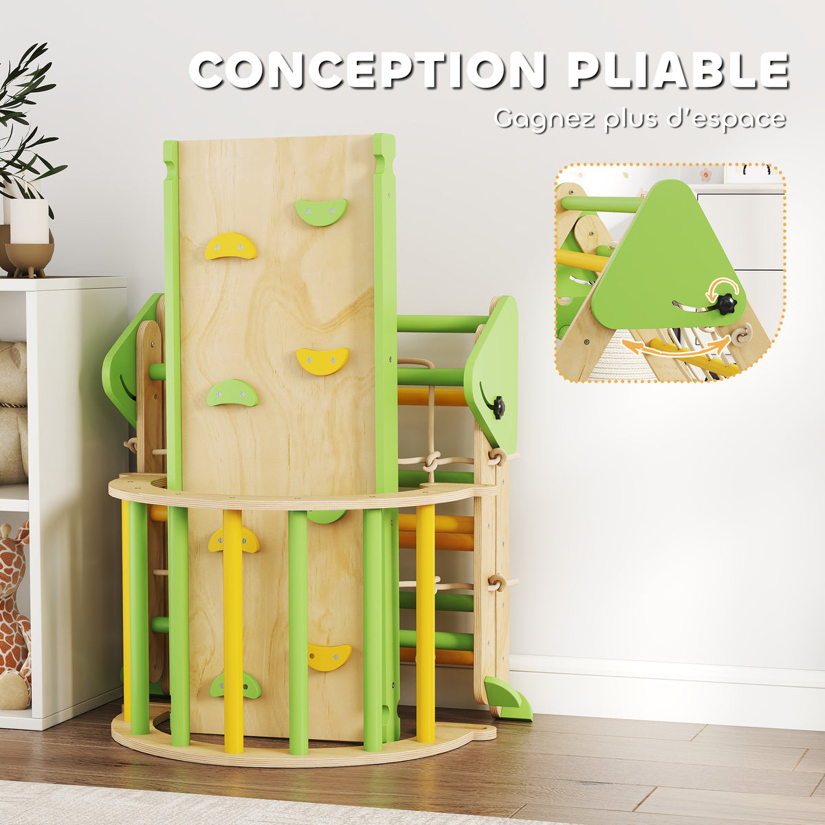 Triangle d'escalade enfants 8 en 1 avec rampe double face, arc d'escalade en bois avec toboggan & échelle, vert-6