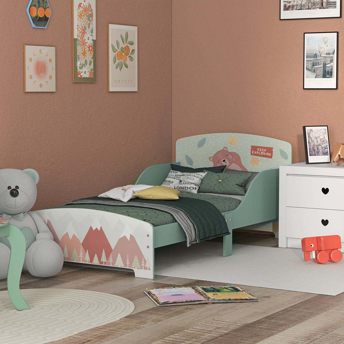 Lit pour enfant 3-6 ans avec barrières de sécurité et motifs dim. 77 x 143 x 60 cm sommier à lattes inclus - Vert-9