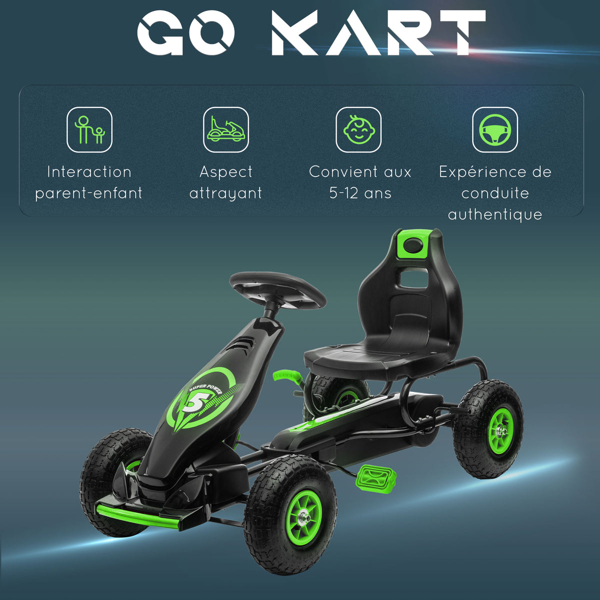 Kart à pédales pour enfant siège réglable 3 positions frein à main enfant de 5 à 12 ans vert noir-7