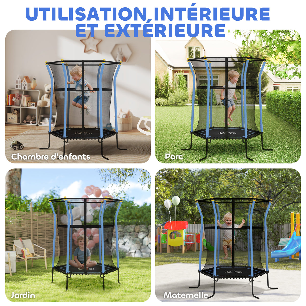 Trampoline pour enfant 1,22 x 1,11 x 1,9 m filet de sécurité porte zippée 6 poteaux rembourrés inclus bleu noir-6