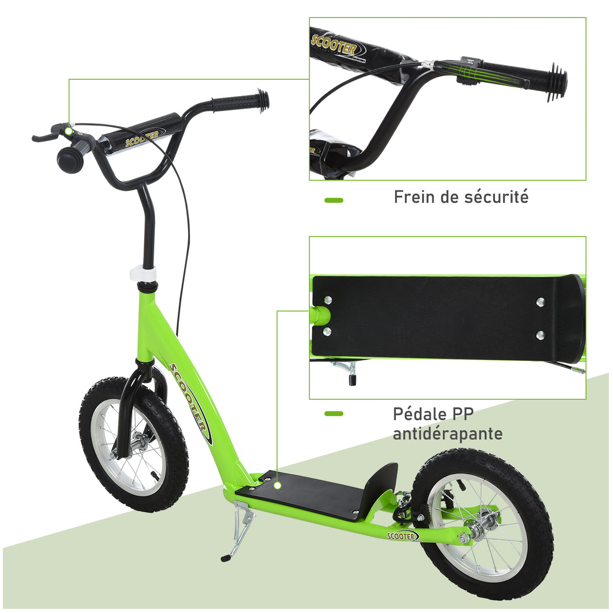 Trottinette patinette Enfants à partir de 5 Ans Grandes Roues Guidon réglable poignée Frein et béquille Acier Vert-3