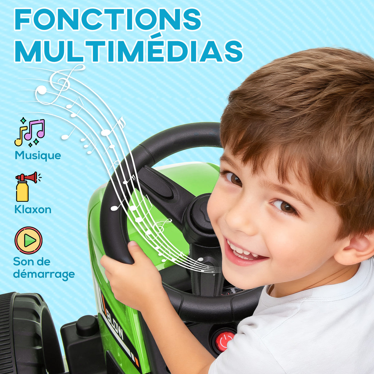 Tracteur électrique avec remorque amovible, pour enfants de 3 à 6 ans avec télécommande MP3 musique affichage lumières-5