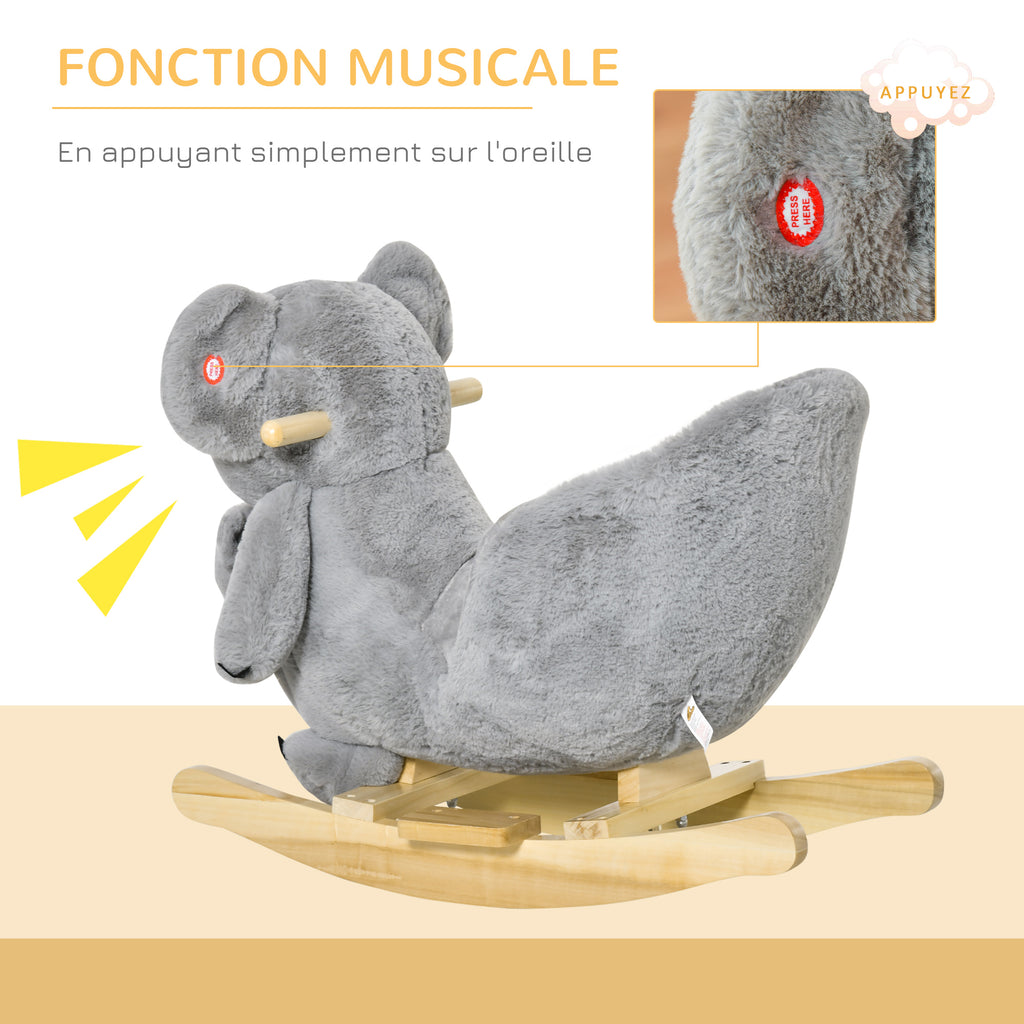 Jouet à Bascule Koala avec marionnette - Effet sonore Rugissement - Fauteuil intégré, Ceinture de sécurité - pour 18-36 mois - Bois peuplier Peluche Courte Polyester Gris-6