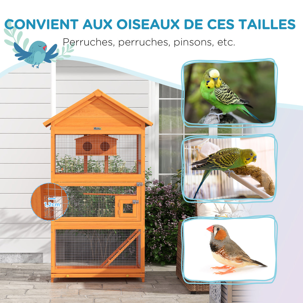 Cage à oiseaux en bois cage perroquet aire de jeux toit asphalte imperméable 92 x 52 x 171 cm orange-5