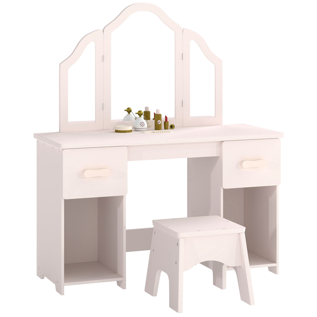 Coiffeuse pour Enfants avec Tabouret et Miroir à Trois Volets en Acrylique, 2 Tiroirs et 2 Placards, Rose-0