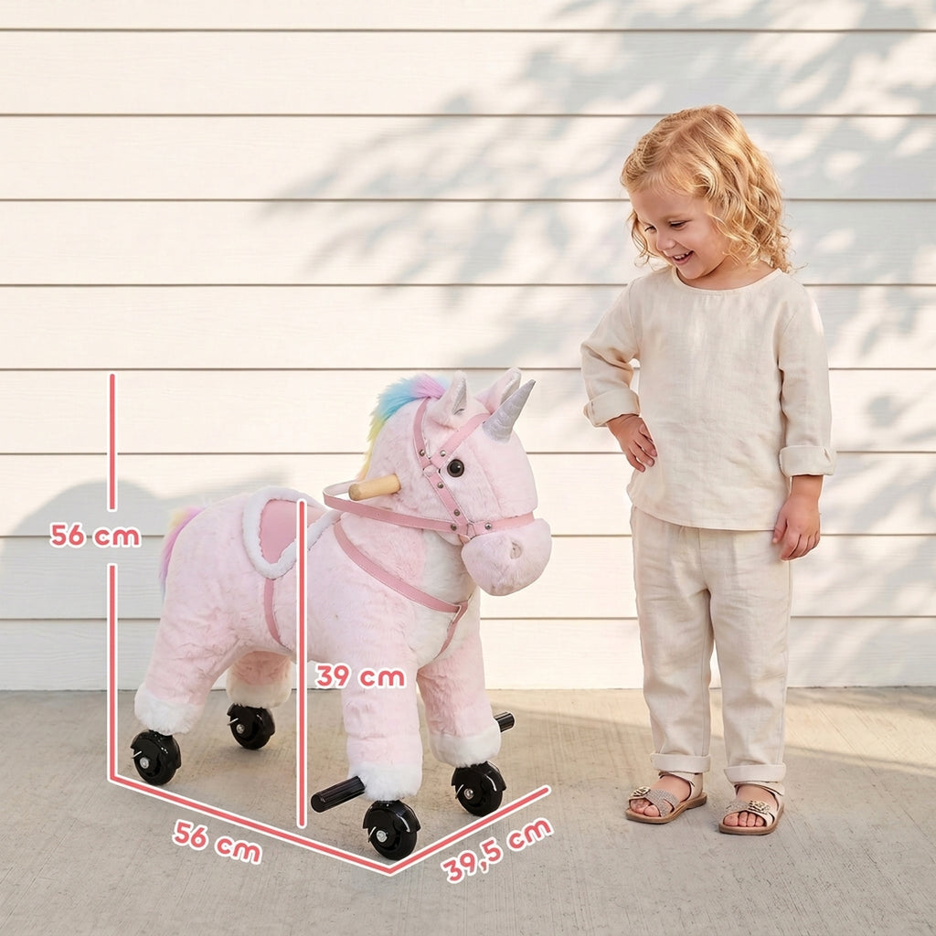 Cheval à Monter pour Enfant, Cheval à Roulettes en Peluche avec Effets Sonores, pour 1 à 3 Ans, Charge Max. 40kg, Rose-2