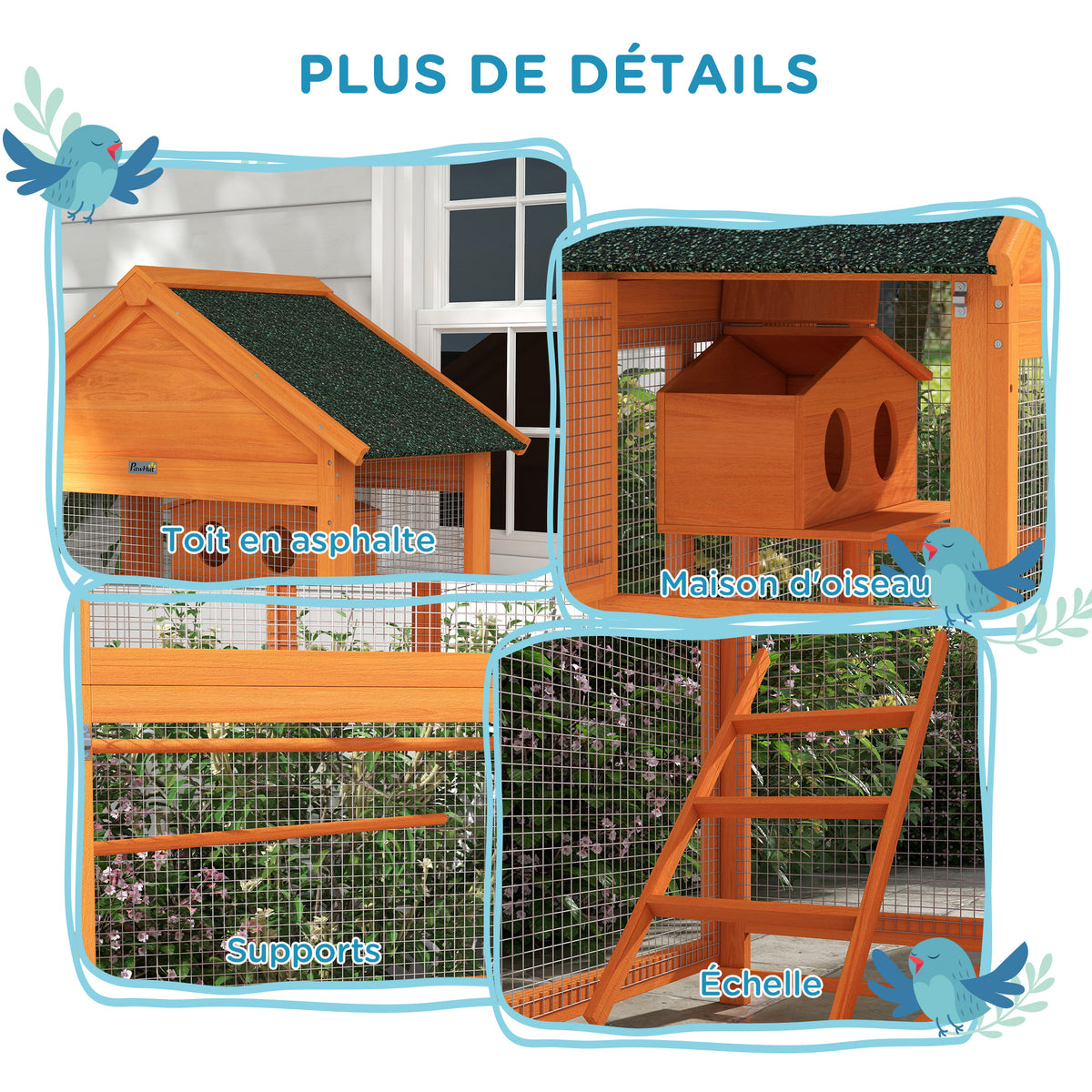 Cage à oiseaux en bois cage perroquet aire de jeux toit asphalte imperméable 92 x 52 x 171 cm orange-6