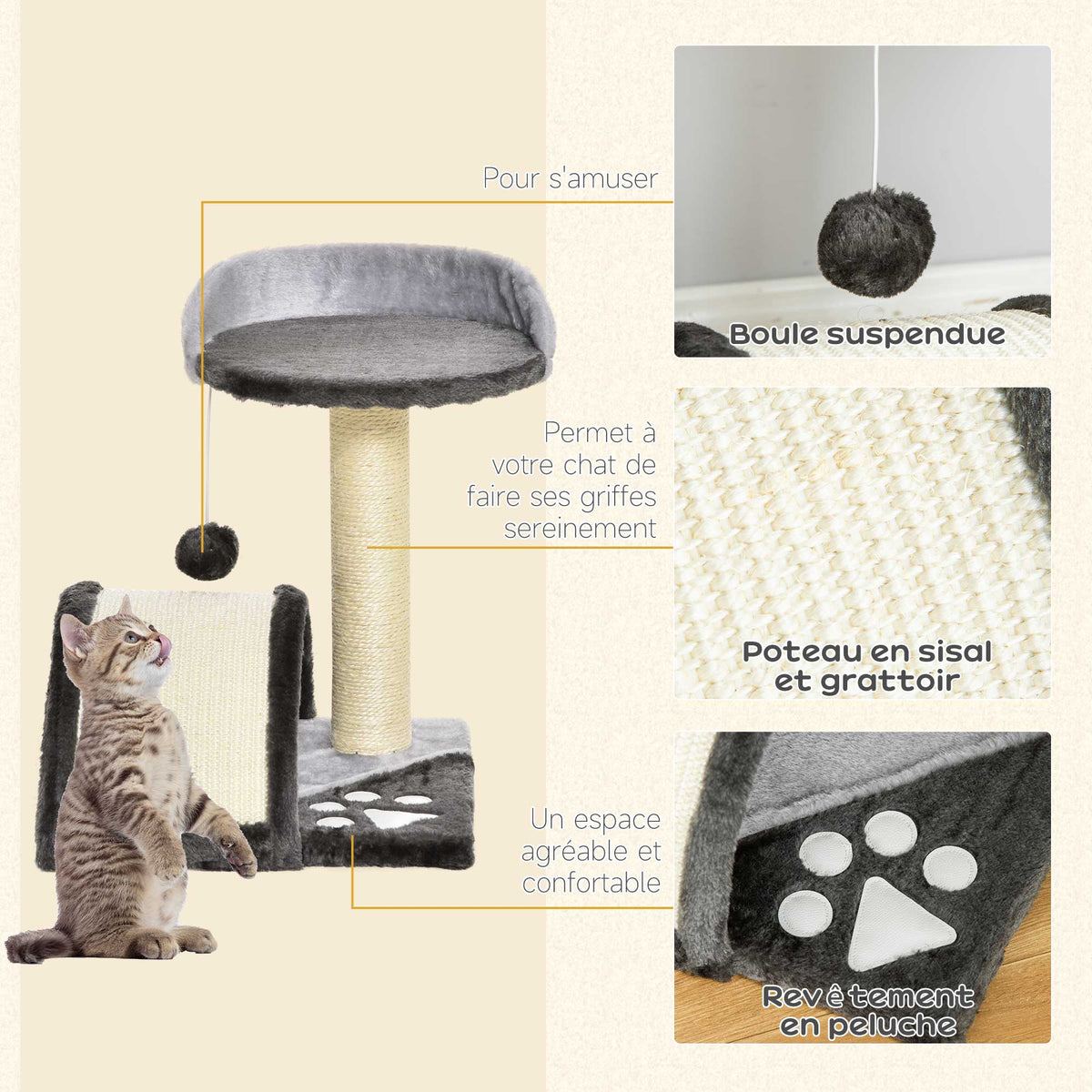 Arbre à chat griffoir grattoir design jeu boule suspendue + plateforme peluche sisal naturel gris foncé-4