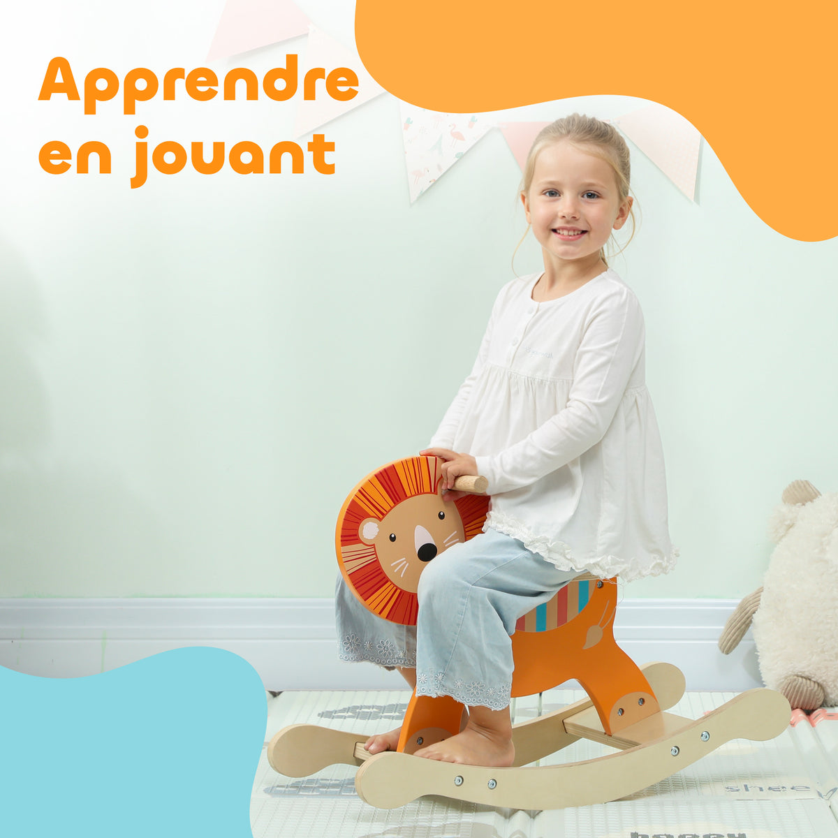 Cheval à bascule pour enfants, lion jouet à bascule bébé en bois avec guidon et base stable, 59 x 27 x 43 cm, orange-6