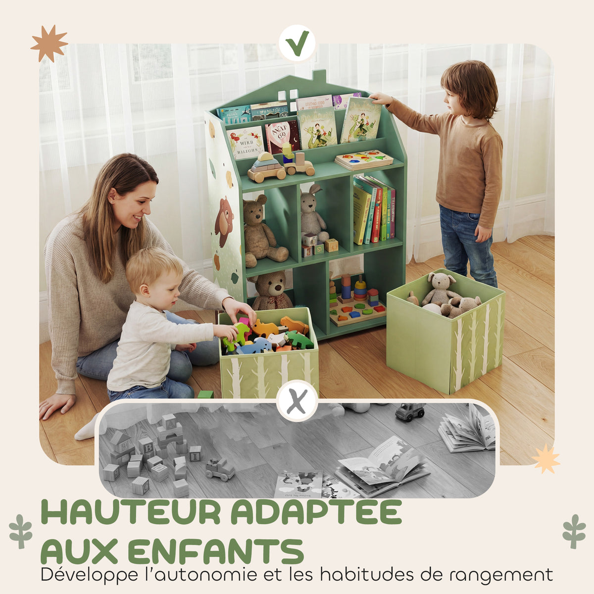 Meuble rangement enfant, bibliothèque enfants avec étagères ouvertes et 2 tiroirs en tissu, MDF, vert-4