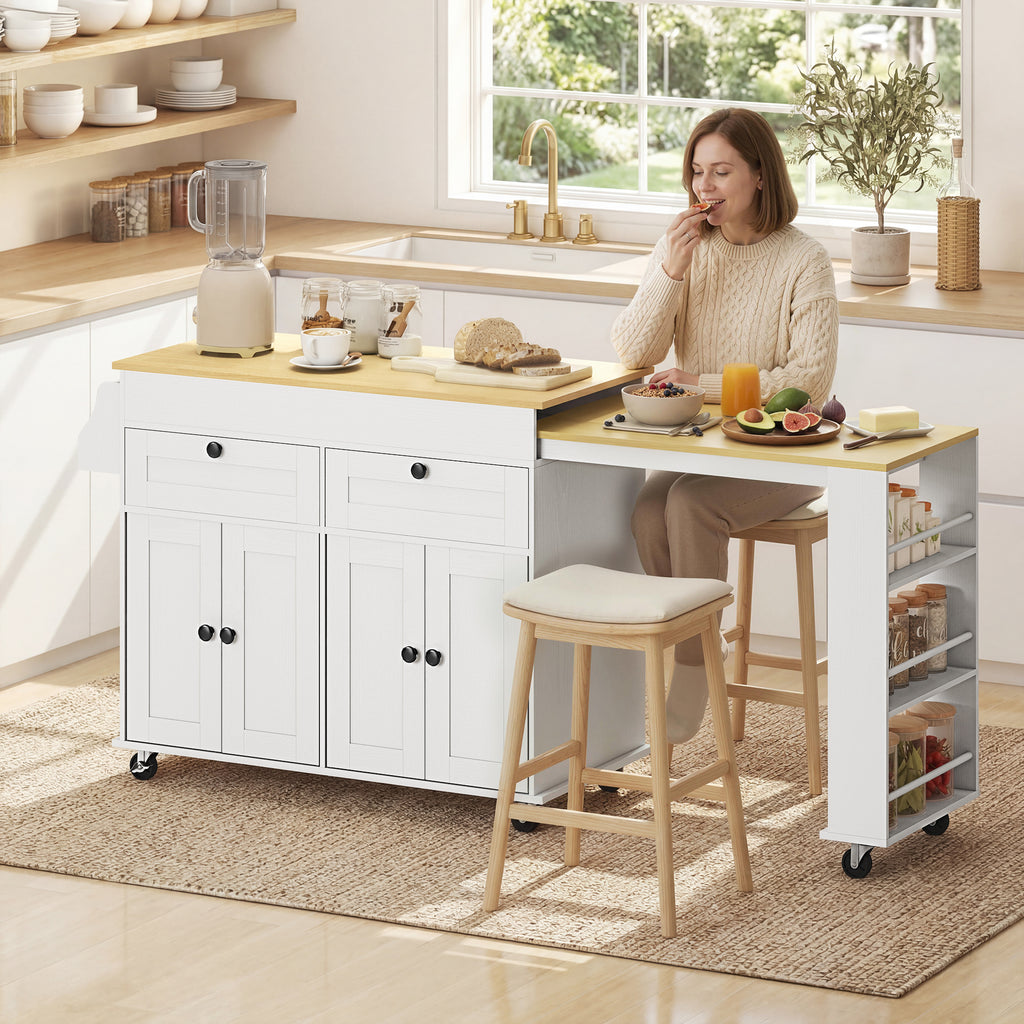 îlot central cuisine avec plateau extensible, desserte de cuisine sur roulettes avec 2 tiroirs, 4 portes, blanc-9