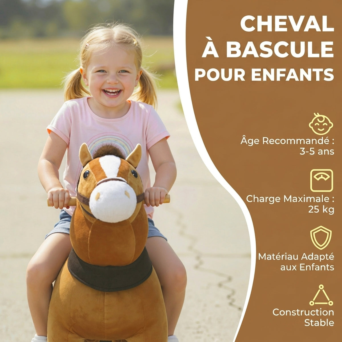 Cheval à Monter pour Enfant, Cheval à Roulettes en Peluche, Poignée, 75 cm de Haut, pour 3 à 5 Ans, Marron-3