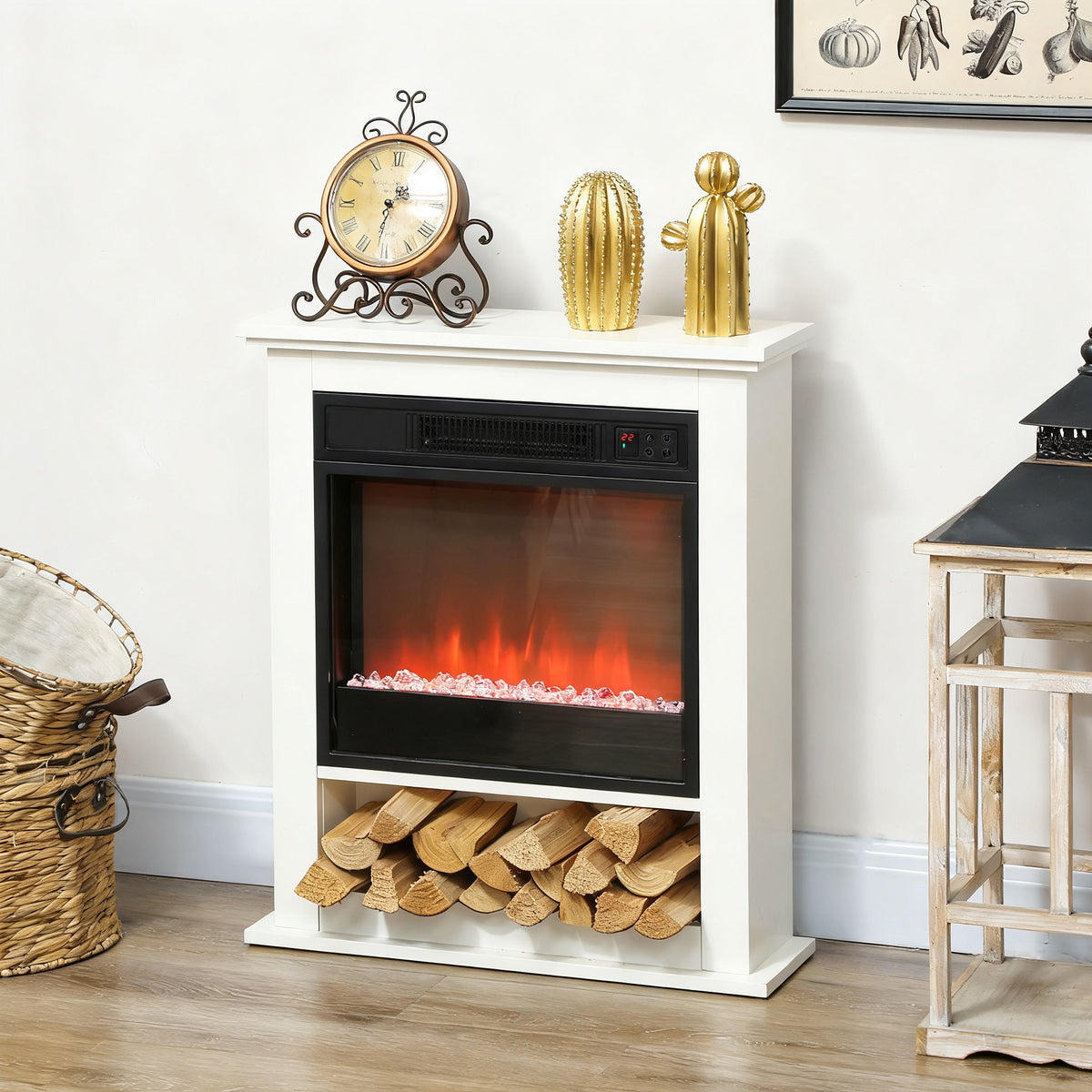 Cheminée électrique 1800W, fausse cheminée décorative, effet flamme à 9 couleurs et 5 luminosité, 62,5x20x72,5cm, blanc-9