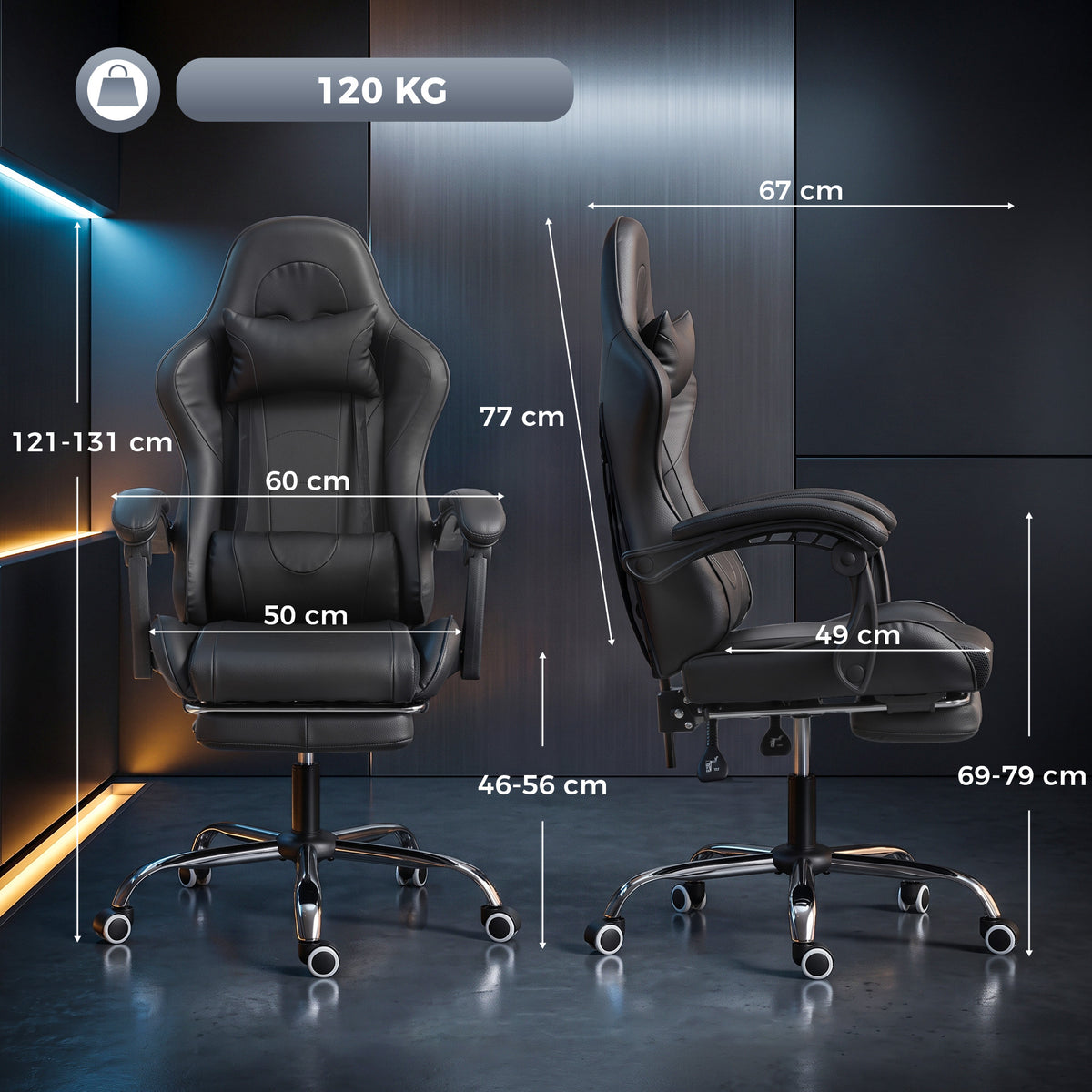 Chaise Gaming Ergonomique avec Coussin Lombaire Massant, Fauteuil Gaming Inclinable en Cuir Synthétique, Noir-2