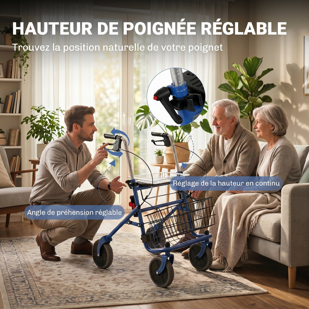 Déambulateur 4 roues pliable, rollator en acier inoxydable, siège rembourré en PU, poignée réglable, bleu-4