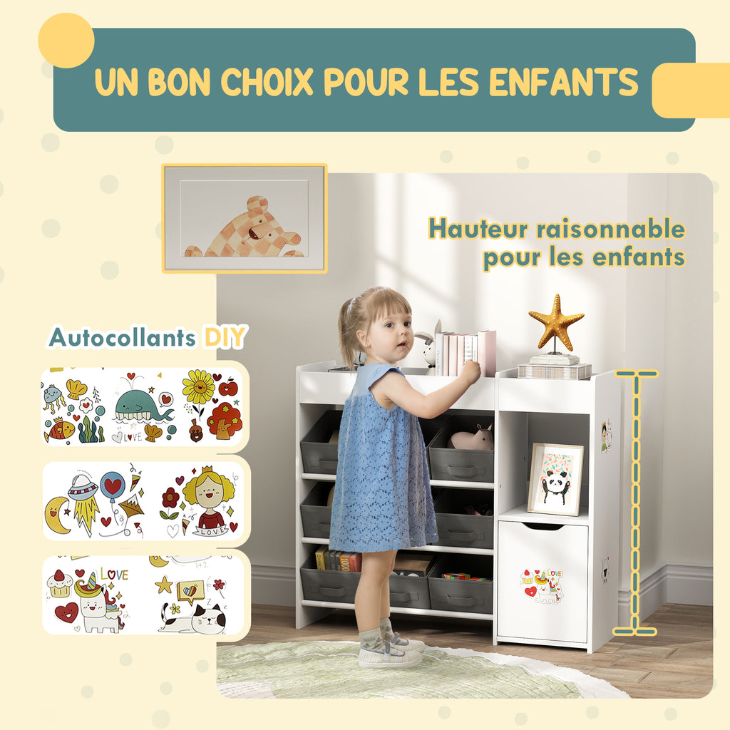 Meuble rangement enfant étagère de rangement pour jouets enfants avec 9 tiroirs en tissu et placard, blanc-5