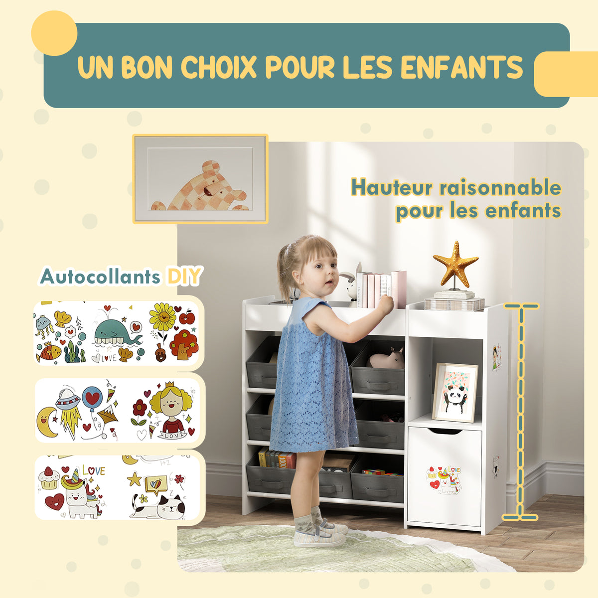 Meuble rangement enfant étagère de rangement pour jouets enfants avec 9 tiroirs en tissu et placard, blanc-5
