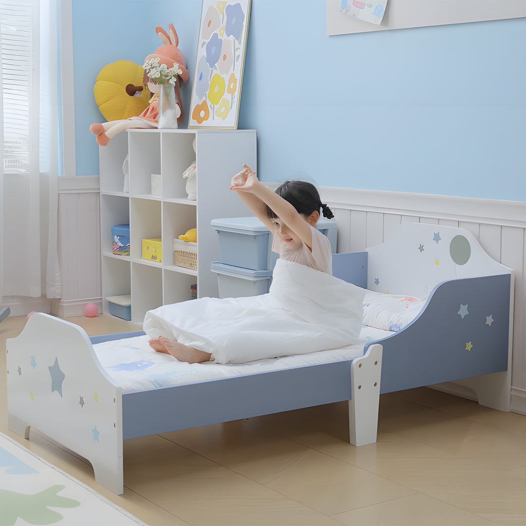 Lit pour enfants de 3 à 6 ans design étoiles sommier à lattes inclus chambre moderne 143 x 74 x 59 cm bleu blanc-7