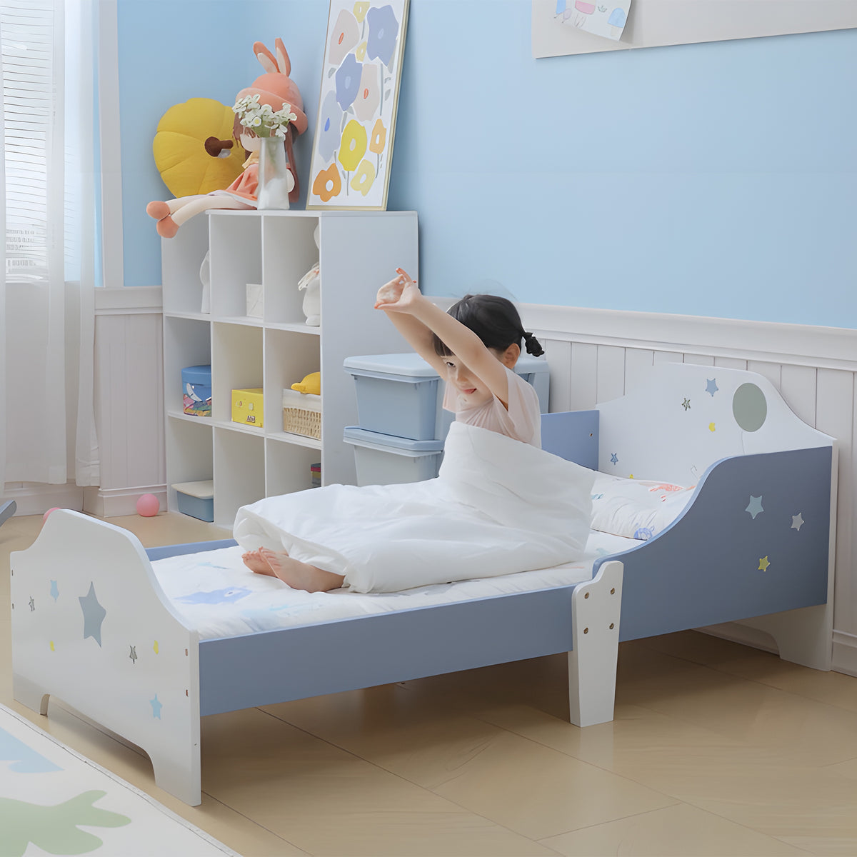 Lit pour enfants de 3 à 6 ans design étoiles sommier à lattes inclus chambre moderne 143 x 74 x 59 cm bleu blanc-7
