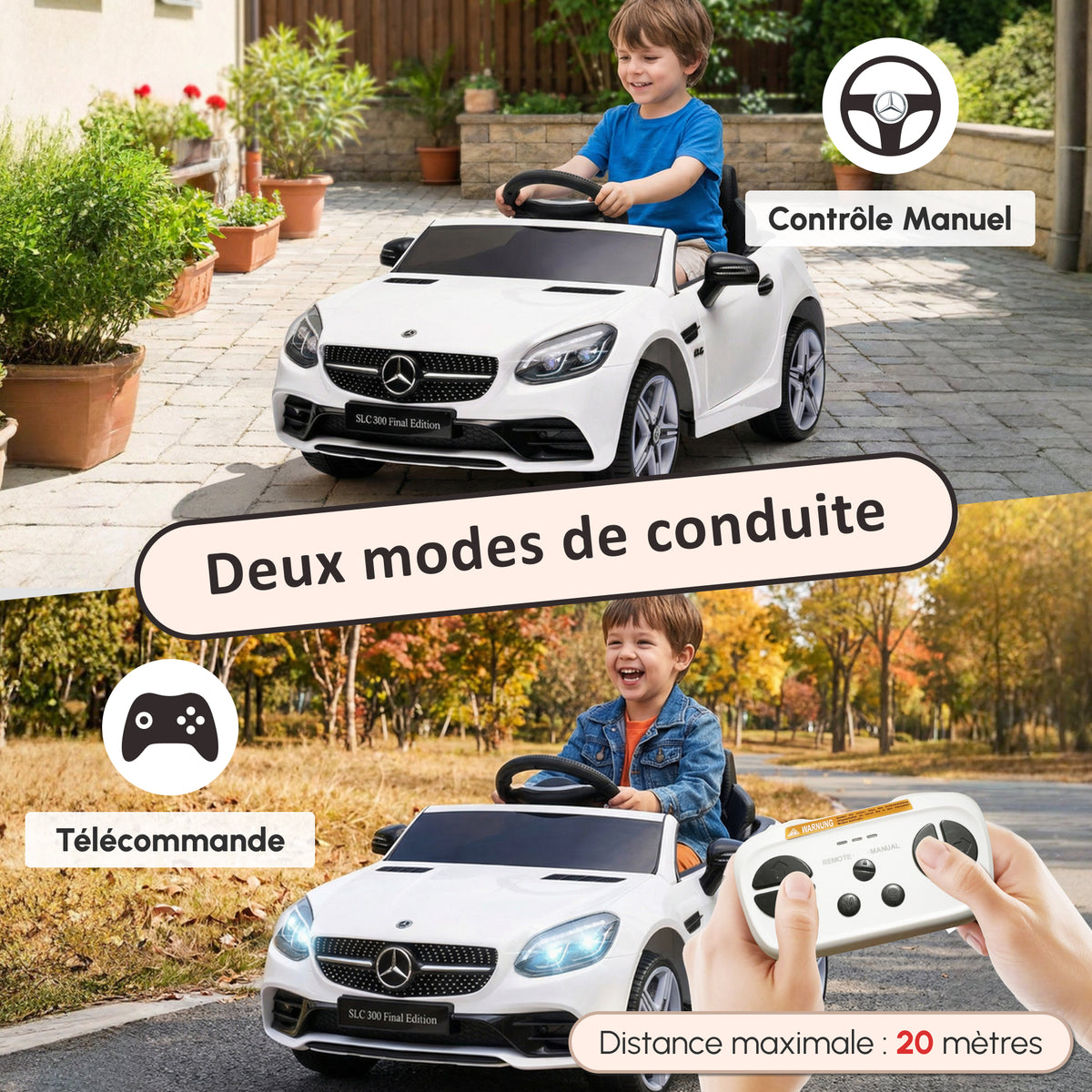 Voiture électrique enfants licence Mercedes SLC 300 12V V. Max. 5 Km/h effets sonores lumineux télécommande blanc-4