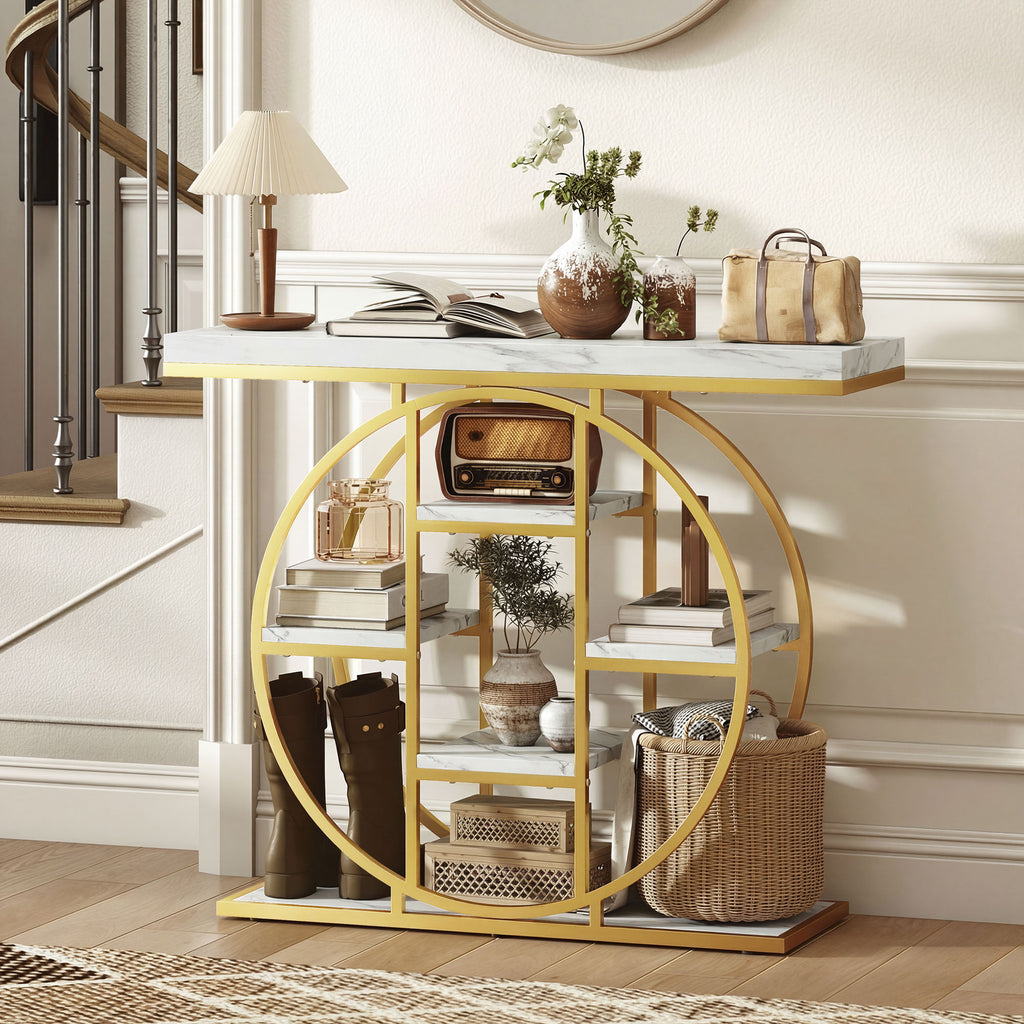 Table Console d'Entrée Meuble d'Entrée Industrielle 6 Étagères Rangement Plateau 4cm 100 x 30 x 81,5cm Blanc-9