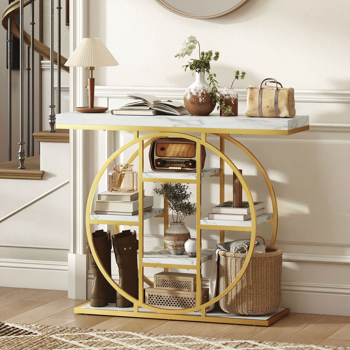 Table Console d'Entrée Meuble d'Entrée Industrielle 6 Étagères Rangement Plateau 4cm 100 x 30 x 81,5cm Blanc-9